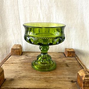 Vintage India Glass Kings Crown Olive or Avocado Green Pedestal Dish Bowl